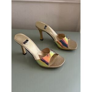 Vintage Y2K Stuart Weitzman Disco Metallic Holo Open Toed Stiletto Heel Sz 8 B